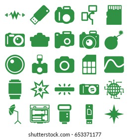 Flash icons set. set of 25 flash filled icons such as explosion, camera, camera flash, camera lense, studio umbrella, usb drive, memory card, cpu planet