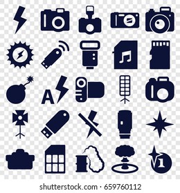 Flash icons set. set of 25 flash filled icons such as camera, explosion, memory card with music, camera lense, soft box, memory card, usb signal, smoking can