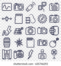 Flash icons set. set of 25 flash outline icons such as camera, explosion, soft box, camera lense, memory card, usb signal, dynamite, smoking can, solar energy, cpu planet