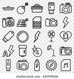 Flash icons set. set of 25 flash outline icons such as explosion, memory card with music, camera, camera lense, studio umbrella, soft box, memory card, dynamite