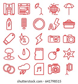Flash icons set. set of 25 flash outline icons such as thunder, explosion, memory card with music, camera, camera lense, studio umbrella, soft box, memory card