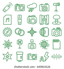 Flash icons set. set of 25 flash outline icons such as thunder, explosion, camera, memory card with music, soft box, studio lapm, camera lense, memory card, usb signal