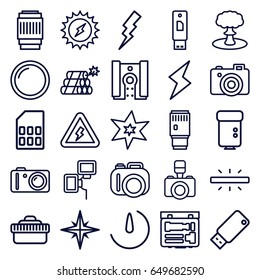 Flash icons set. set of 25 flash outline icons such as explosion, camera, usb drive, voltage warning, memory card, dynamite