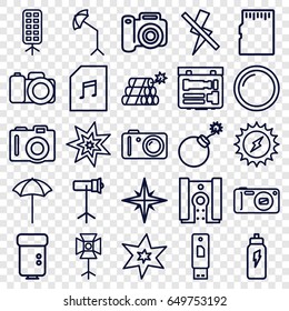 Flash icons set. set of 25 flash outline icons such as camera, explosion, memory card with music, studio umbrella, soft box, studio lapm, camera lense, memory card, dynamite