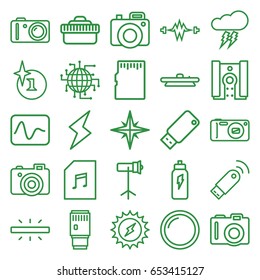 Flash icons set. set of 25 flash outline icons such as camera, explosion, memory card with music, camera lense, studio lapm, usb drive, flash, thunderstorm, usb signal