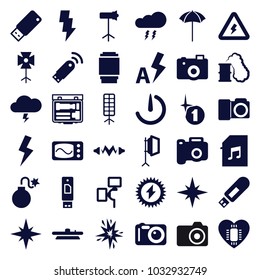 Flash icons. set of 36 editable filled flash icons such as camera, memory card with music, usb drive, camera lense, studio umbrella, soft box, studio lapm, voltage warning
