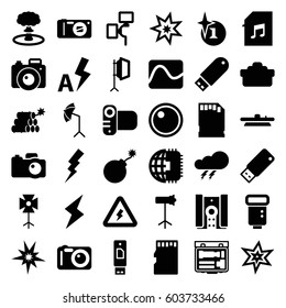 Flash icons set. set of 36 flash filled icons such as thunder, explosion, camera, memory card with music, camera lense, studio umbrella, soft box, studio lapm, memory card
