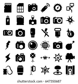 Flash icons set. set of 36 flash filled icons such as camera, explosion, soft box, camera lense, memory card, energetic drink, usb signal, smoking can, solar energy