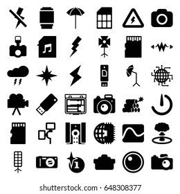 Flash icons set. set of 36 flash filled icons such as explosion, memory card with music, camera, camera lense, studio umbrella, soft box, memory card, usb drive