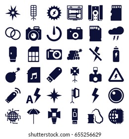 Flash icons set. set of 36 flash filled icons such as explosion, camera, memory card with music, soft box, studio umbrella, camera lense, memory card, stopwatch camera
