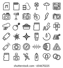 Flash icons set. set of 36 flash outline icons such as camera, thunder, explosion, memory card with music, soft box, camera lense, studio umbrella, studio lapm, memory card