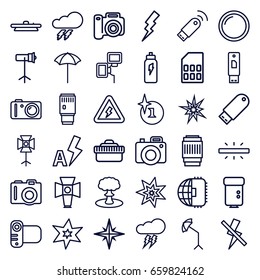 Flash icons set. set of 36 flash outline icons such as camera, thunder, explosion, soft box, camera lense, studio umbrella, studio lapm, voltage warning, thunderstorm