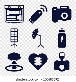Flash icons. set of 9 editable filled flash icons such as camera, cpu in heart, studio umbrella, soft box, energetic drink, usb signal
