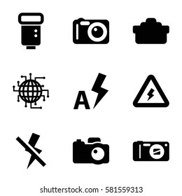 flash icons set. Set of 9 flash filled icons such as camera, camera lense, voltage warning
