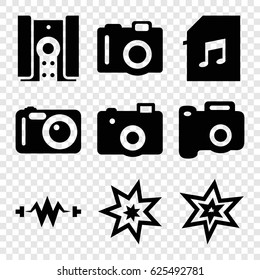 Flash icons set. set of 9 flash filled icons such as camera, explosion, memory card with music