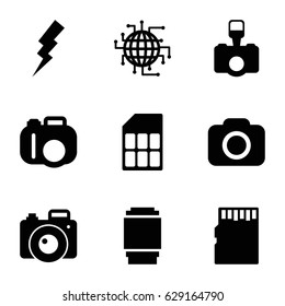 Flash icons set. set of 9 flash filled icons such as flash, camera, camera lense, memory card