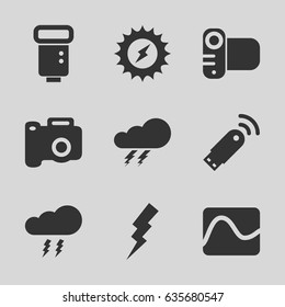 Flash icons set. set of 9 flash filled icons such as thunder, camera, thunderstorm, usb signal, solar energy