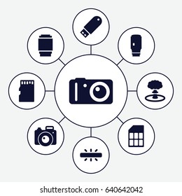 Flash icons set. set of 9 flash filled icons such as flash drive, camera, camera lense, memory card