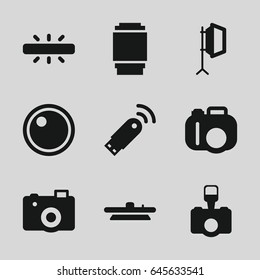 Flash icons set. set of 9 flash filled icons such as camera, camera lense, soft box