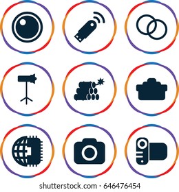 Flash icons set. set of 9 flash filled icons such as camera, camera lense, studio lapm, usb signal, dynamite