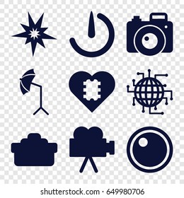 Flash icons set. set of 9 flash filled icons such as camera lense, studio umbrella, stopwatch camera, camera, cpu in heart, cpu planet