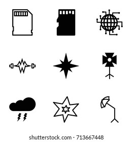 Flash icons set. set of 9 flash filled and outline icons such as soft box, memory card, thunderstorm, explosion, cpu planet, studio umbrella