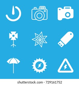 Flash icons set. set of 9 flash filled and outline icons such as flash drive, studio umbrella, soft box, stopwatch camera, voltage warning, solar energy, camera