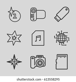 Flash icons set. set of 9 flash outline icons such as explosion, camera, flash drive, memory card with music, memory card
