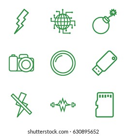 Flash icons set. set of 9 flash outline icons such as explosion, camera, camera lense, memory card, usb drive, cpu planet