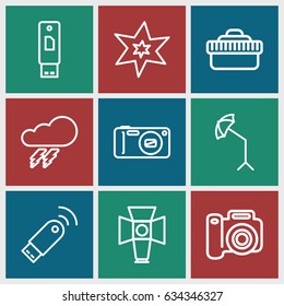 Flash icons set. set of 9 flash outline icons such as thunder, explosion, camera, soft box, camera lense, studio umbrella, usb signal