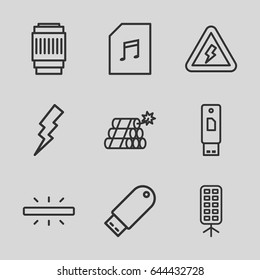 Flash icons set. set of 9 flash outline icons such as memory card with music, soft box, camera lense, camera, voltage warning, dynamite