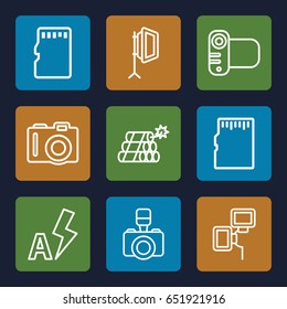 Flash icons set. set of 9 flash outline icons such as camera, soft box, memory card