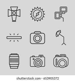 Flash icons set. set of 9 flash outline icons such as camera, soft box, studio umbrella, camera lense, camera flash