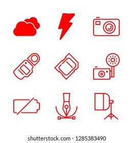 flash icons set with light meterin, cmera empty battery and soft box vector set