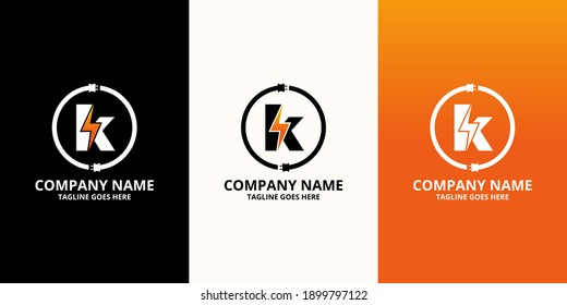 Flash initial letter K Logo Icon Template. Illustration vector graphic. Design concept Electrical Bolt and electric plugs With letter symbol. Perfect for corporate, more technology brand identity
