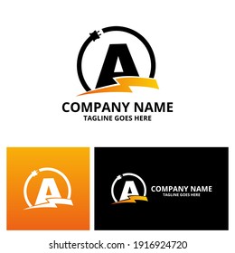 Flash initial letter A Logo Icon Template. Illustration vector graphic. Design concept Electrical Bolt and electric plugs With letter symbol. Perfect for corporate, more technology brand identity