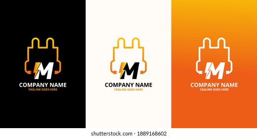 Flash initial letter M Logo Icon Template. Illustration vector graphic. Design concept Electrical Bolt and electric plugs With letter symbol. Perfect for corporate, more technology brand identity