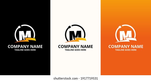 Plantilla de icono del logotipo M de la letra inicial Flash. Gráfico vectorial de ilustración. Concepto de diseño Perno eléctrico y enchufes eléctricos Con símbolo de letra. Perfecto para una identidad de marca corporativa más tecnológica
