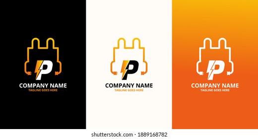 Flash initial letter P Logo Icon Template. Illustration vector graphic. Design concept Electrical Bolt and electric plugs With letter symbol. Perfect for corporate, more technology brand identity