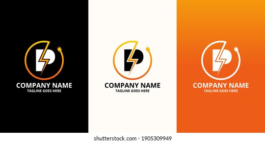 Flash initial letter p Logo Icon Template. Illustration vector graphic. Design concept Electrical Bolt and electric plugs With letter symbol. Perfect for corporate, more technology brand identity