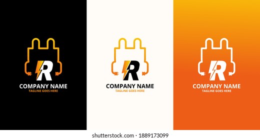 Flash initial letter R Logo Icon Template. Illustration vector graphic. Design concept Electrical Bolt and electric plugs With letter symbol. Perfect for corporate, more technology brand identity