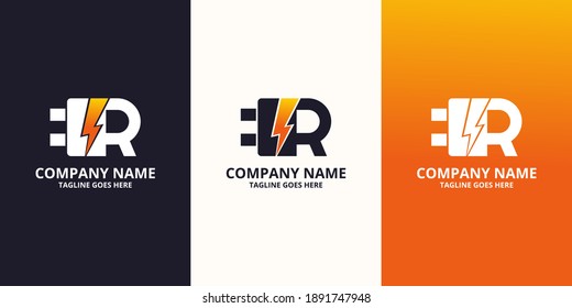 Plantilla de icono de logotipo R de la letra inicial Flash. Gráfico vectorial de ilustración. Concepto de diseño Perno eléctrico y enchufes eléctricos Con símbolo de letra. Perfecto para una identidad de marca corporativa más tecnológica