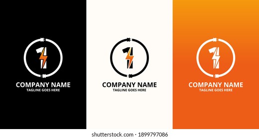 Flash initial number 1 Logo Icon Template. Illustration vector graphic. Electrical Bolt and electric plugs With number symbol. Perfect for corporate, more technology brand identity
