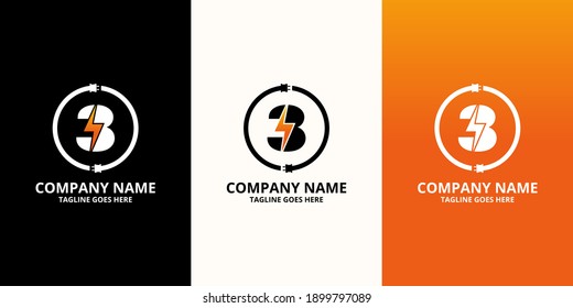 Flash initial number 3 Logo Icon Template. Illustration vector graphic. Electrical Bolt and electric plugs With number symbol. Perfect for corporate, more technology brand identity
