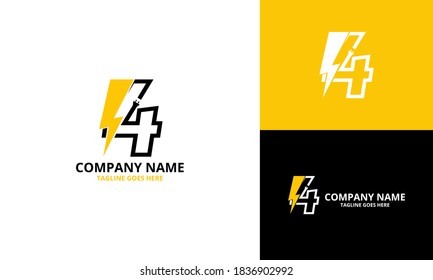 Flash initial number  4 Logo Icon Template. Illustration vector graphic. Design concept Electrical Bolt With number  four  symbol. Perfect for corporate, technology, initial , brand identity