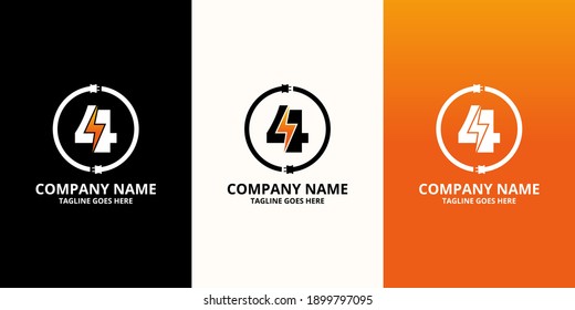 Flash initial number 4 Logo Icon Template. Illustration vector graphic. Electrical Bolt and electric plugs With number symbol. Perfect for corporate, more technology brand identity
