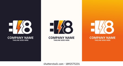 Flash initial number 8 Logo Icon Template. Illustration vector graphic. Electrical Bolt and electric plugs With number symbol. Perfect for corporate, more technology brand identity