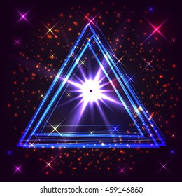 Flash inside the triangles on a dark abstract background. Vector illustration