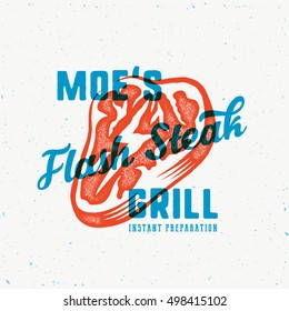 The Flash Instant Steak Abstract Vintage Vector Emblem, Label or Logo Template. Meat with a Lightning Concept Illustration, Retro Print Effect, Typography and Shabby Texture. Isolated.