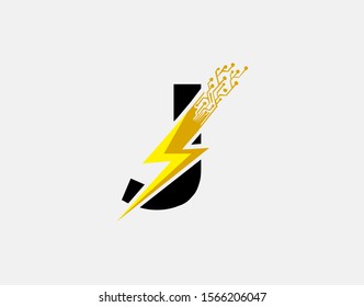 Flash J Letter Logo Icon, Electrical Bolt With Circuit Line Shape and Initial J Letter Logo Design.